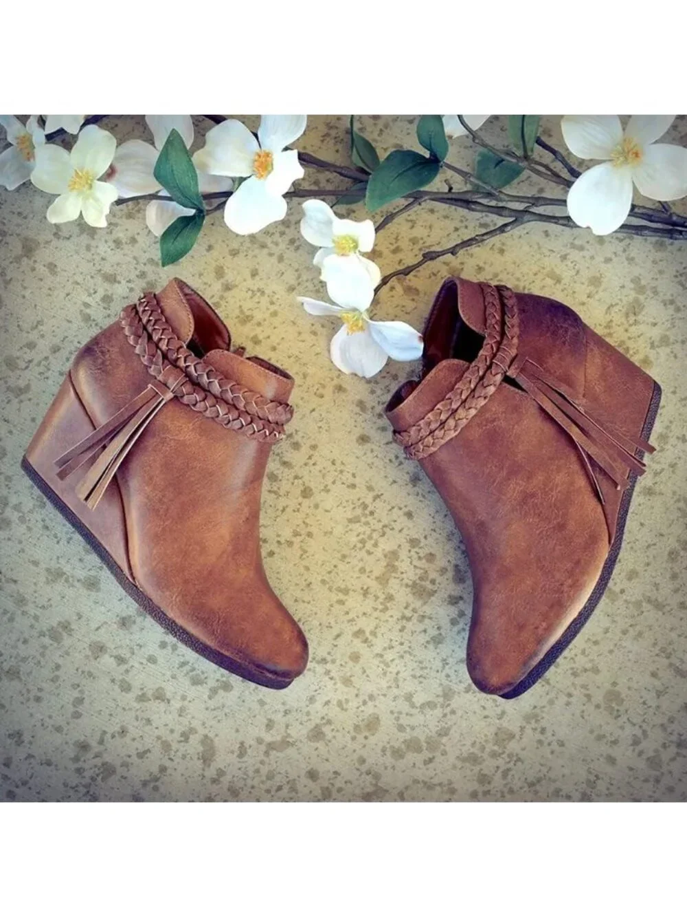 Women's Brown Braided Fringe Strap Western Heeled Fall Booties Dress Shoes